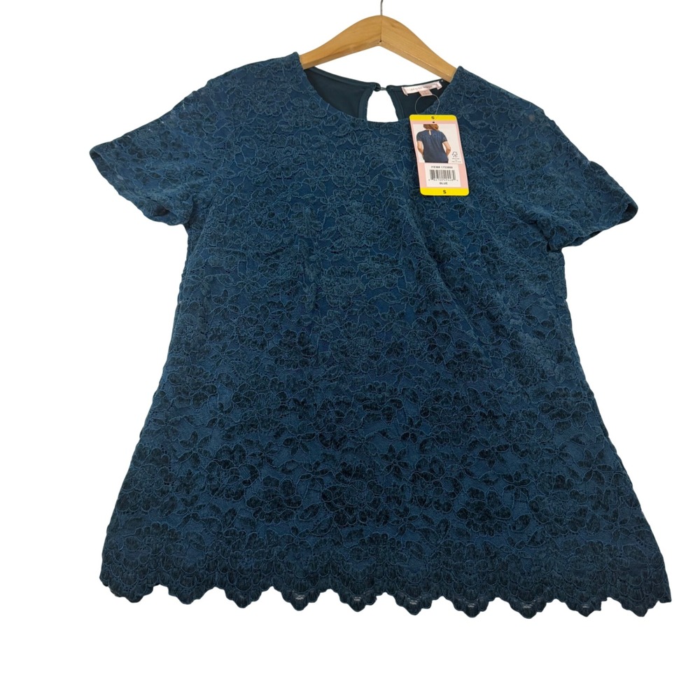 Teddi Rose Womens Teal Blue Floral Lace Scalloped Hem Short Sleeve Blouse S NEW